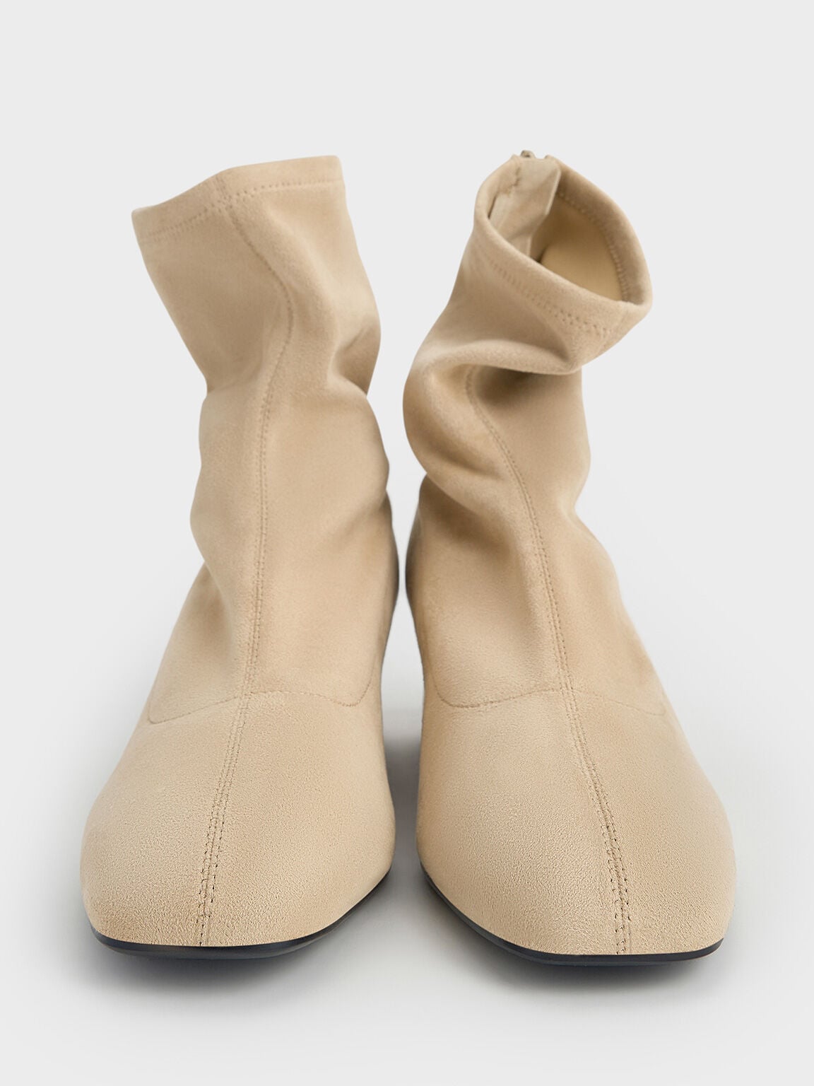 Faux Suede Stitch-Trim Heeled Ankle Boots - Sand | CHARLES & KEITH