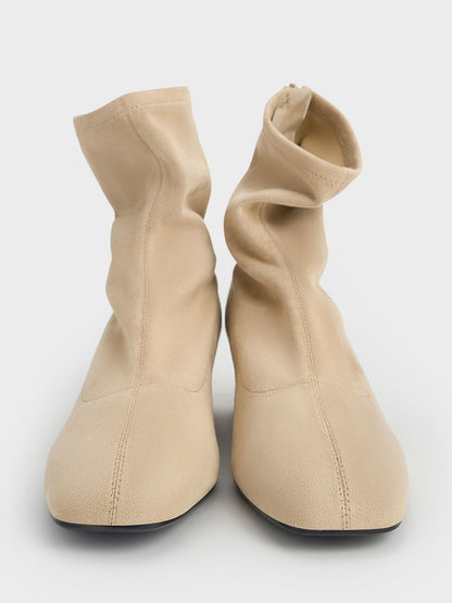 Faux Suede Stitch-Trim Heeled Ankle Boots - Sand | CHARLES & KEITH