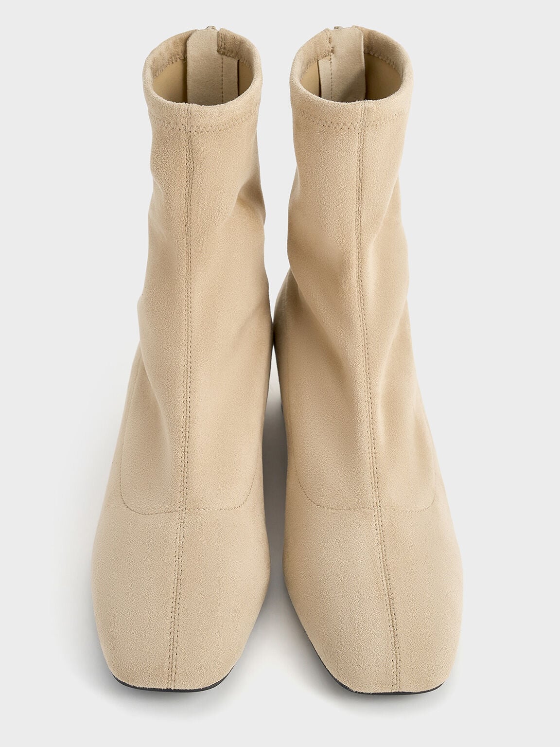 Faux Suede Stitch-Trim Heeled Ankle Boots - Sand | CHARLES & KEITH