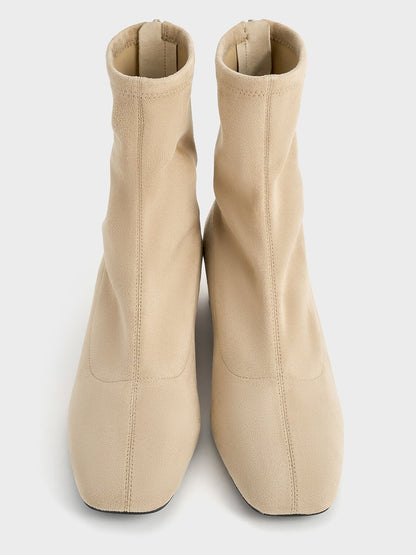 Faux Suede Stitch-Trim Heeled Ankle Boots - Sand | CHARLES & KEITH