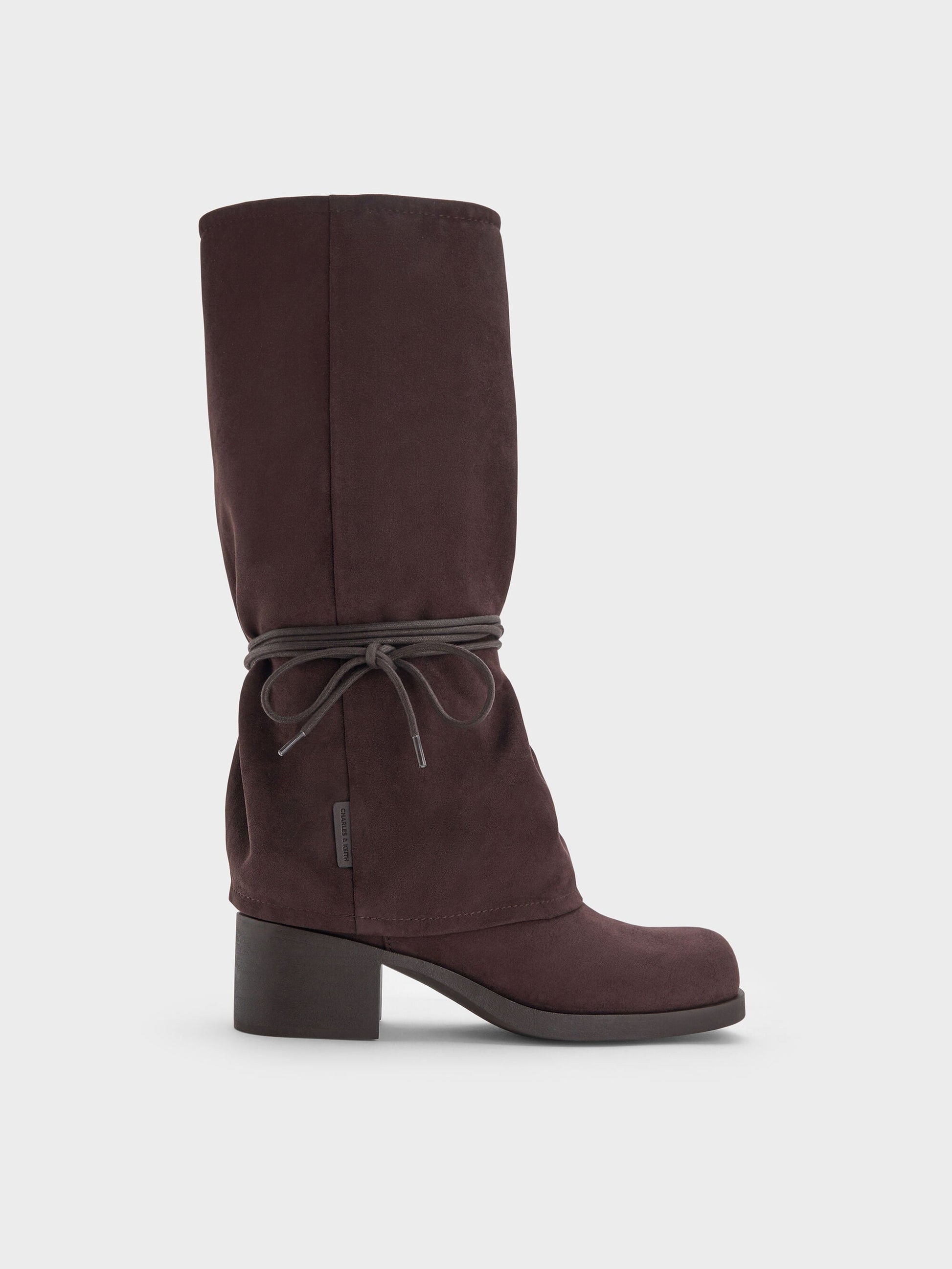 Faux Suede Tie-Around Knee-High Boots - Dark Brown Textured | CHARLES & KEITH