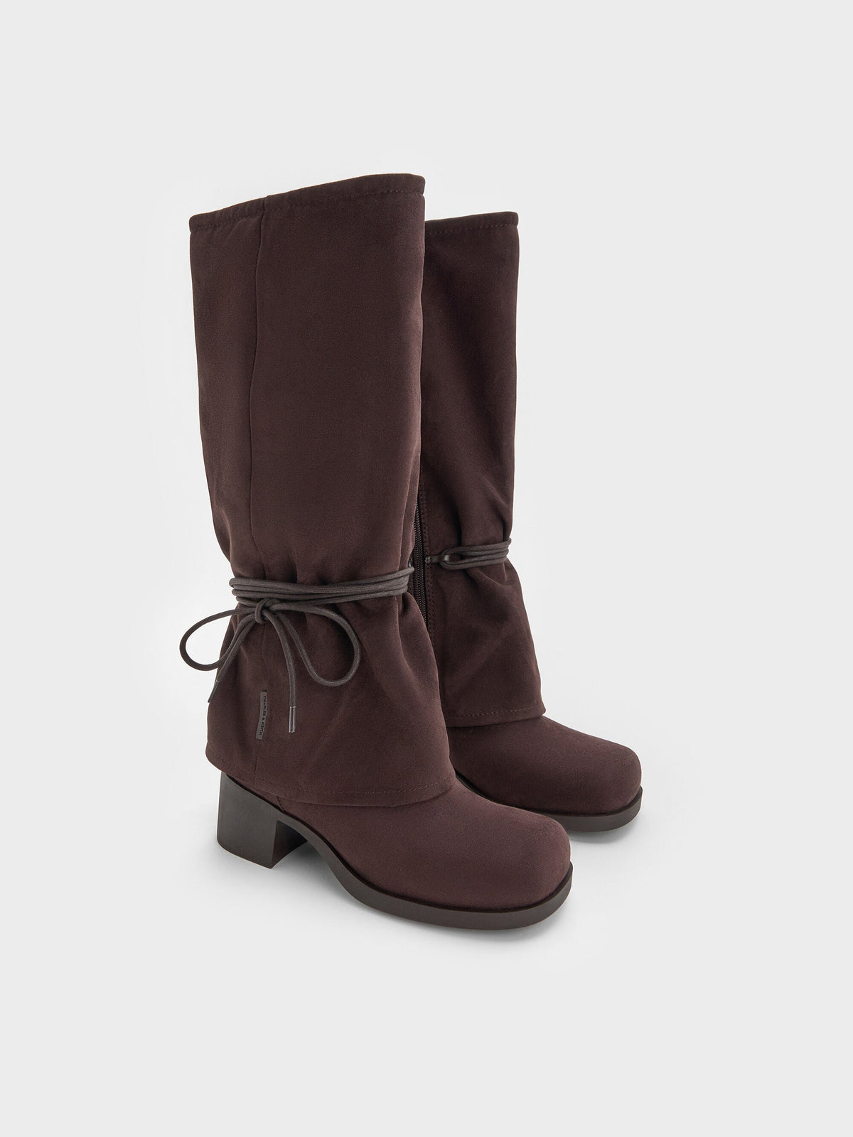 Faux Suede Tie-Around Knee-High Boots - Dark Brown Textured | CHARLES & KEITH