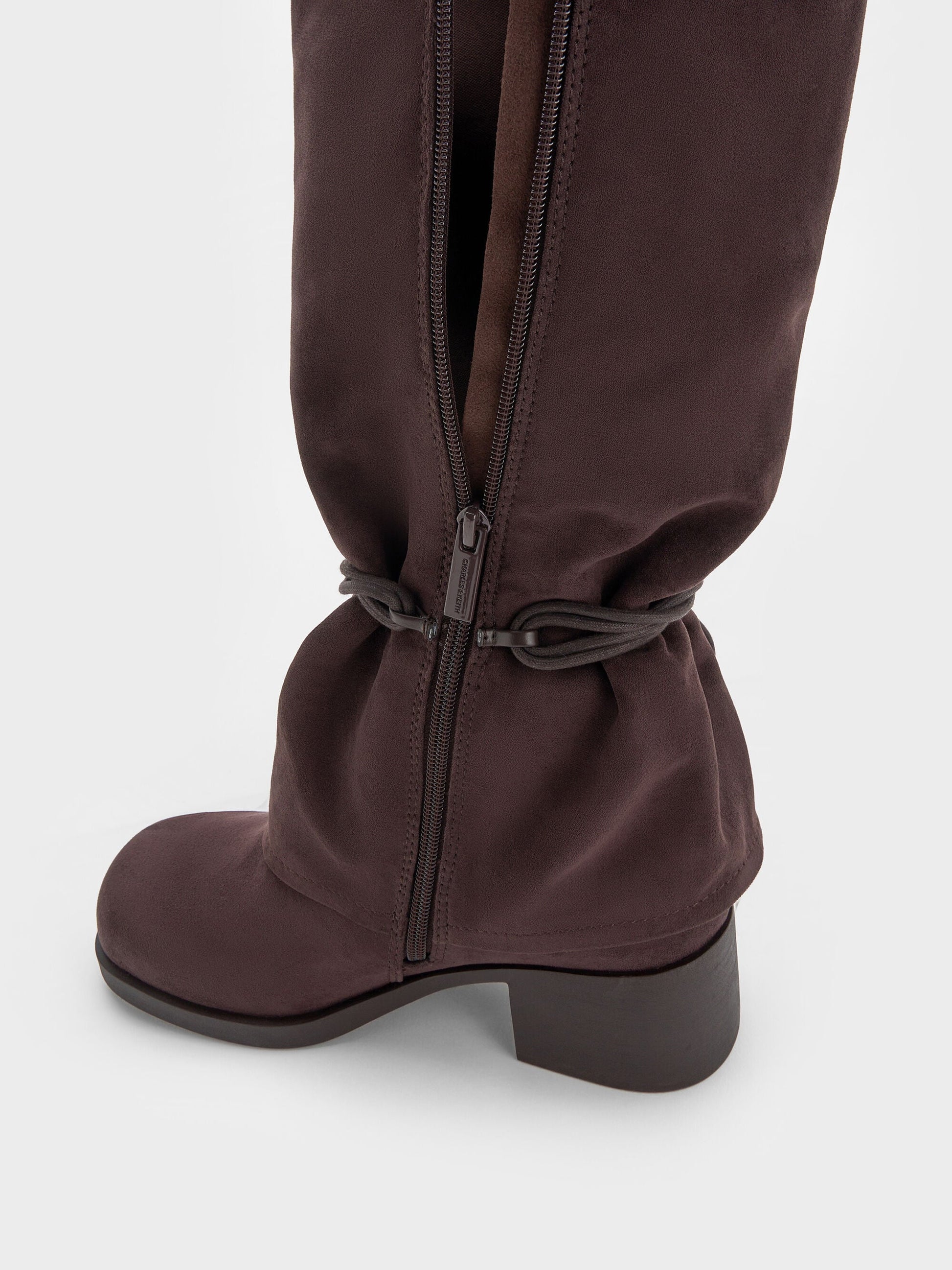 Faux Suede Tie-Around Knee-High Boots - Dark Brown Textured | CHARLES & KEITH