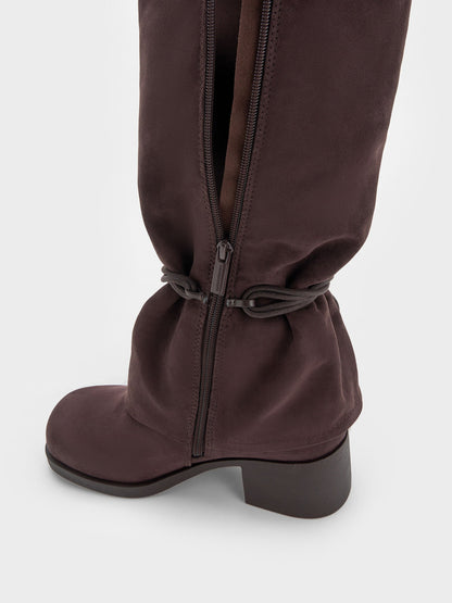 Faux Suede Tie-Around Knee-High Boots - Dark Brown Textured | CHARLES & KEITH