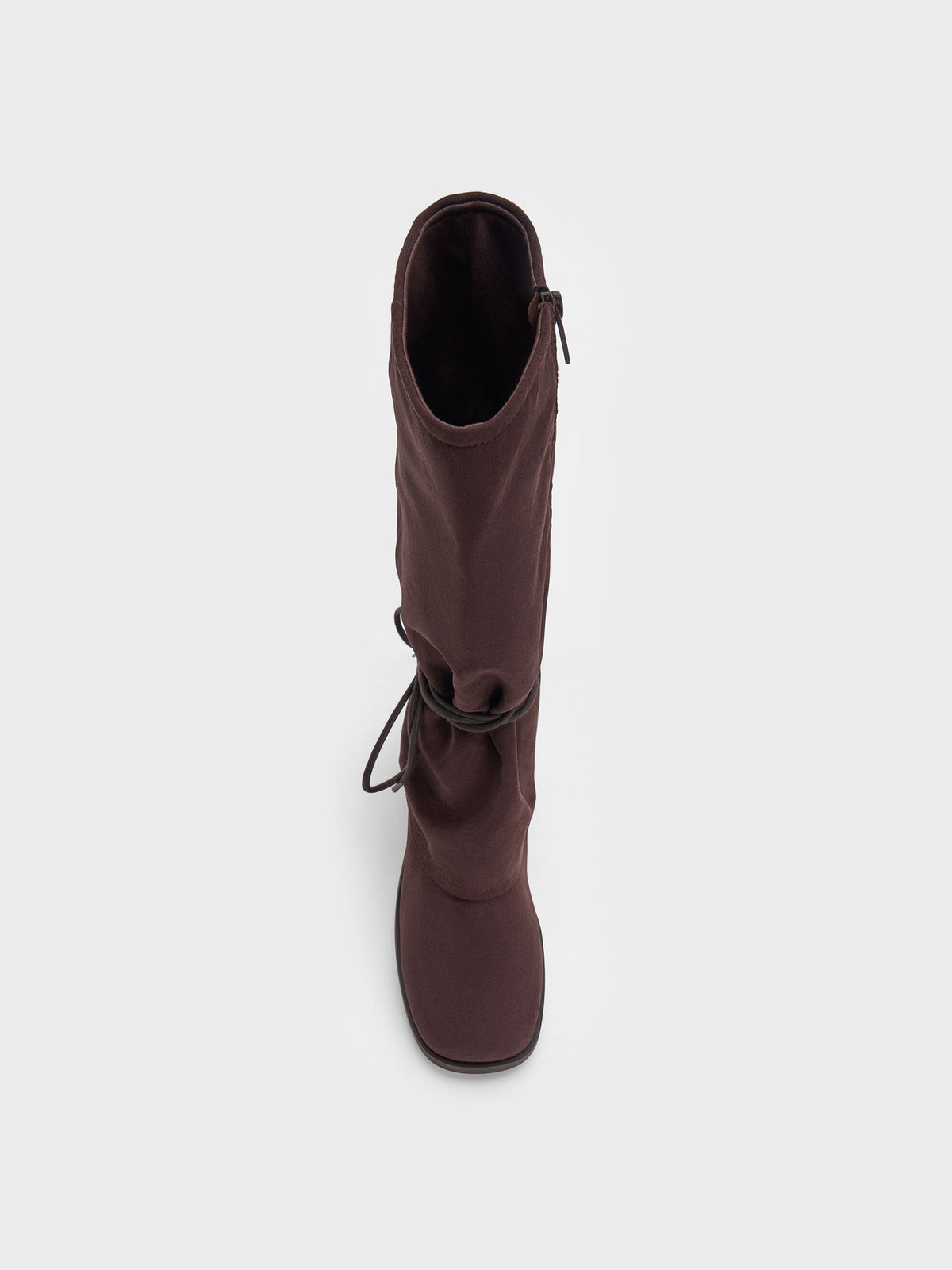Faux Suede Tie-Around Knee-High Boots - Dark Brown Textured | CHARLES & KEITH