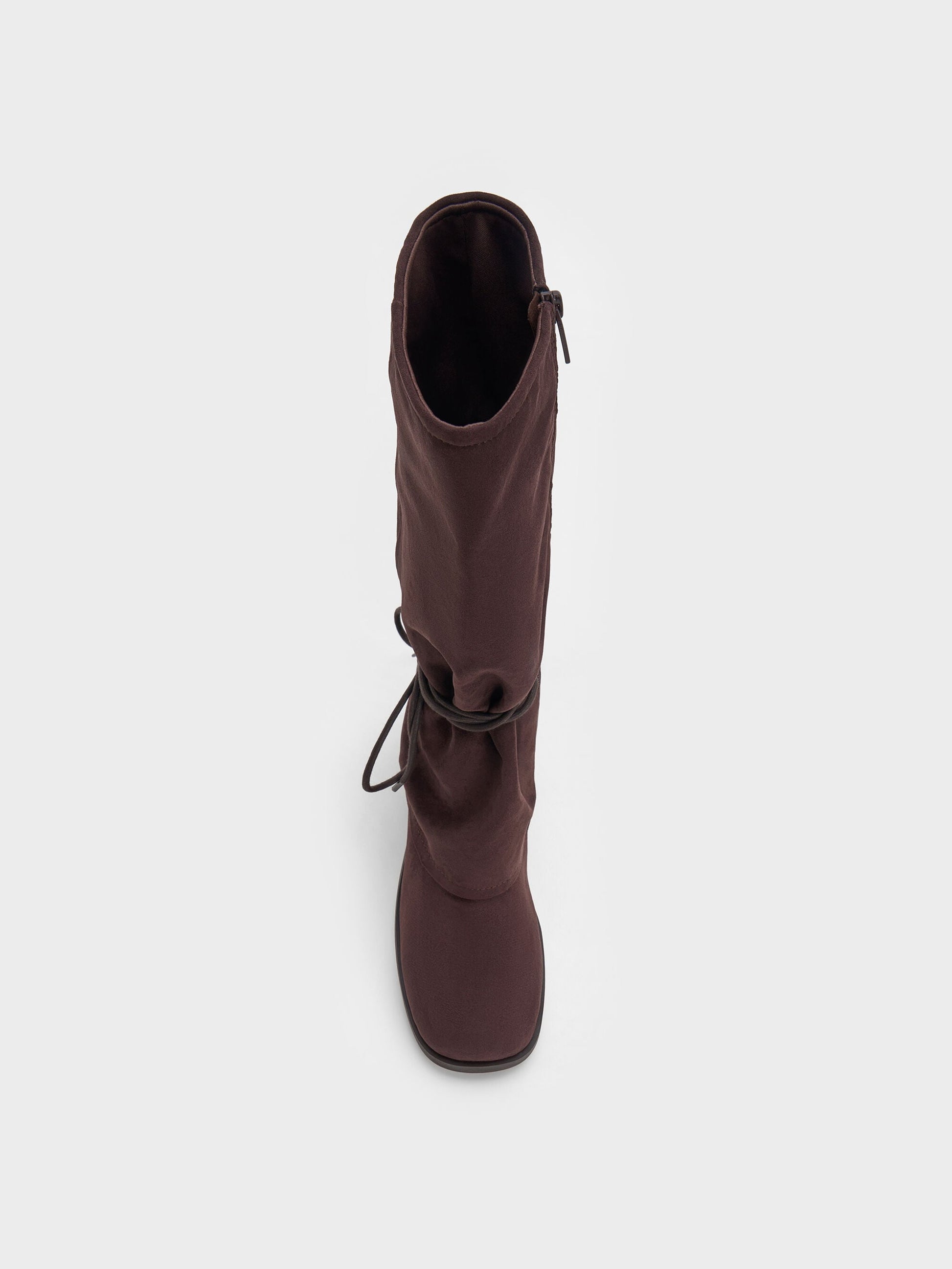 Faux Suede Tie-Around Knee-High Boots - Dark Brown Textured | CHARLES & KEITH