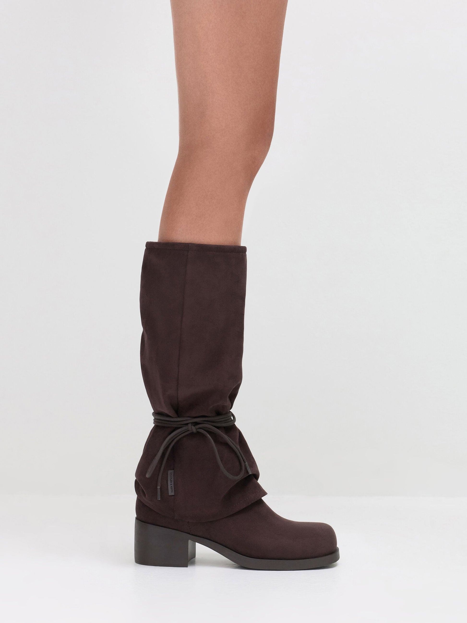 Faux Suede Tie-Around Knee-High Boots - Dark Brown Textured | CHARLES & KEITH