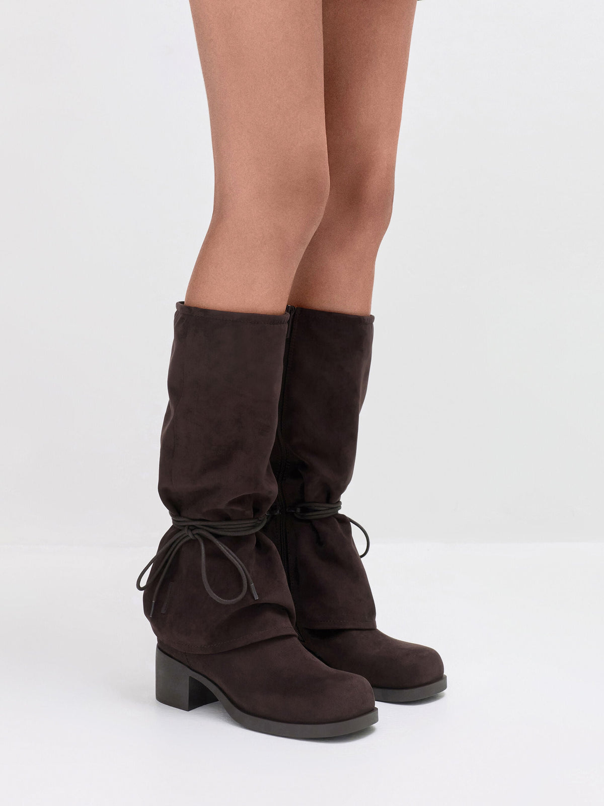 Faux Suede Tie-Around Knee-High Boots - Dark Brown Textured | CHARLES & KEITH