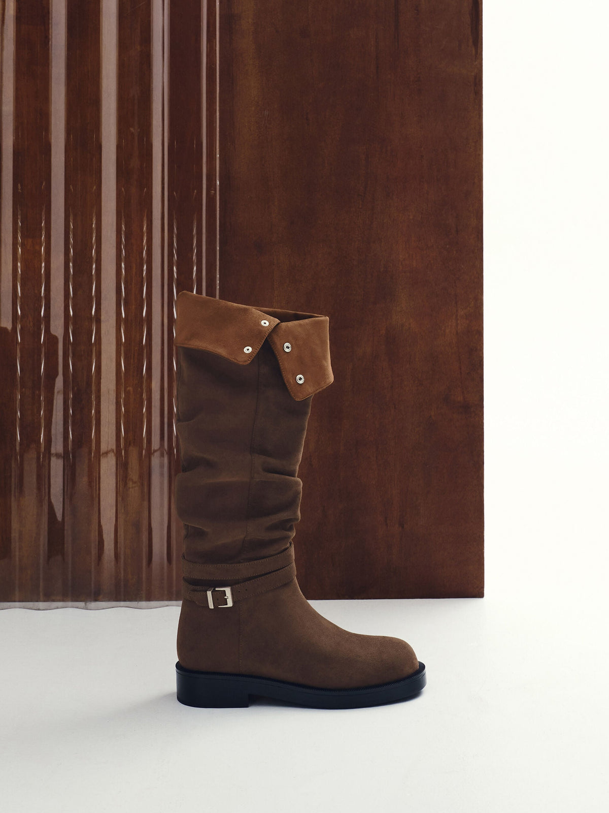 Eilis Faux Suede Thigh-High Boots - Dark Brown Textured | CHARLES & KEITH