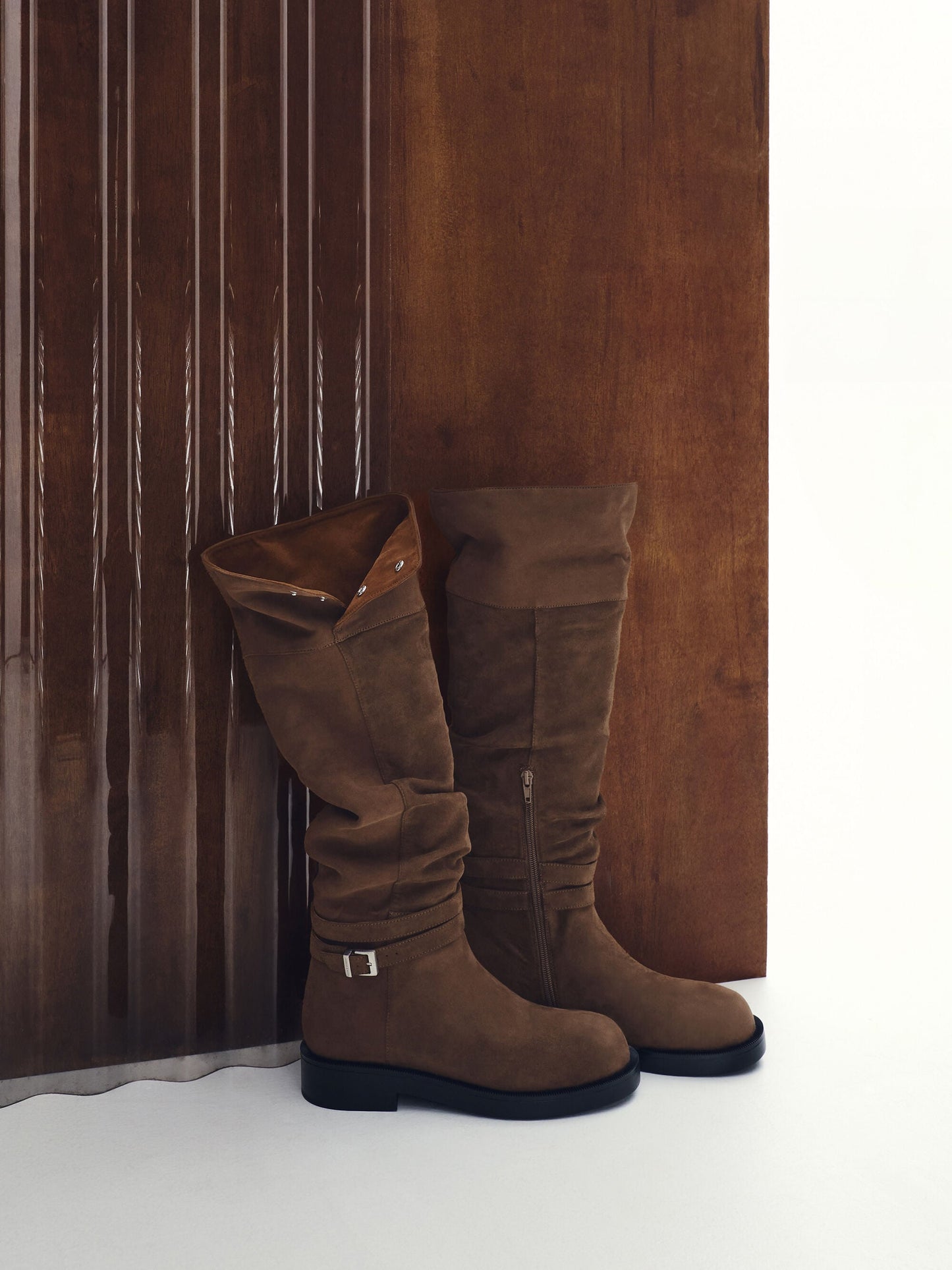 Eilis Faux Suede Thigh-High Boots - Dark Brown Textured | CHARLES & KEITH