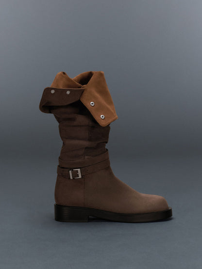 Eilis Faux Suede Thigh-High Boots - Dark Brown Textured | CHARLES & KEITH