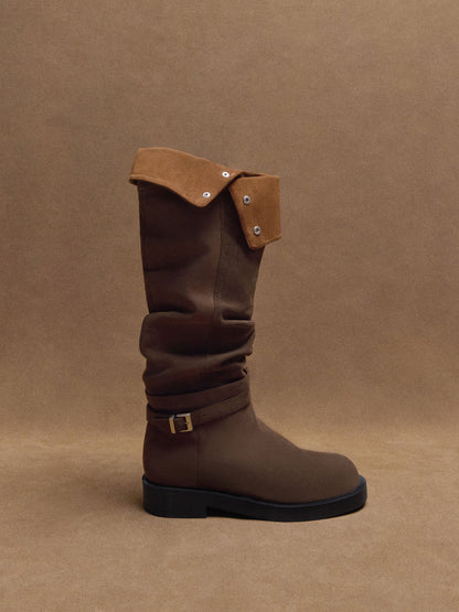 Eilis Faux Suede Thigh-High Boots - Dark Brown Textured | CHARLES & KEITH