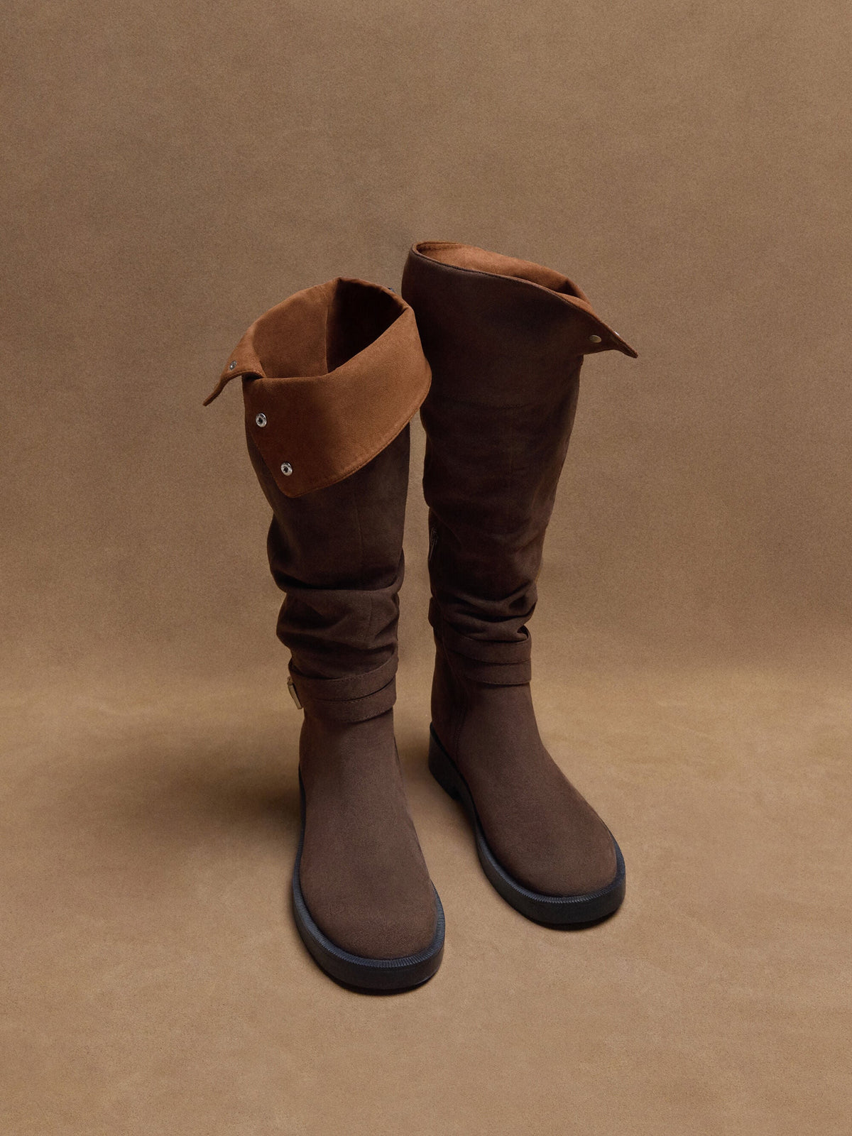 Eilis Faux Suede Thigh-High Boots - Dark Brown Textured | CHARLES & KEITH