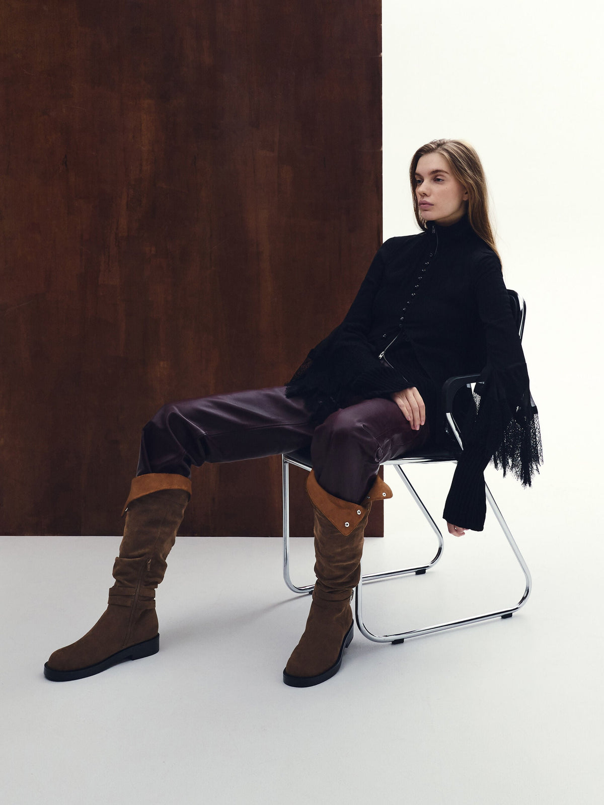 Eilis Faux Suede Thigh-High Boots - Dark Brown Textured | CHARLES & KEITH