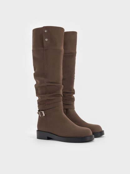 Eilis Faux Suede Thigh-High Boots - Dark Brown Textured | CHARLES & KEITH