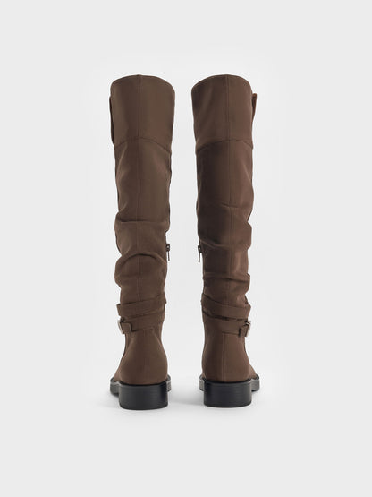 Eilis Faux Suede Thigh-High Boots - Dark Brown Textured | CHARLES & KEITH