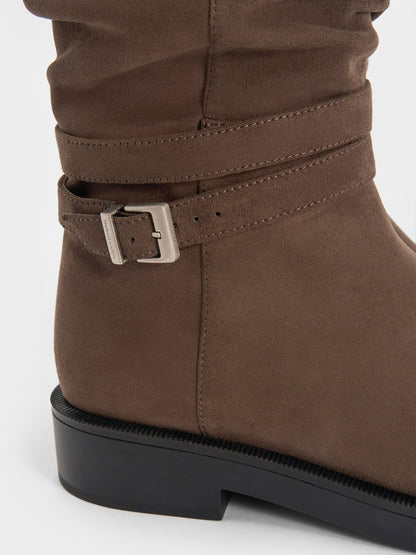 Eilis Faux Suede Thigh-High Boots - Dark Brown Textured | CHARLES & KEITH