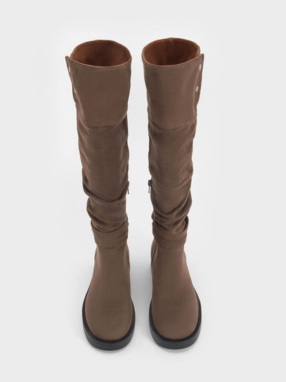 Eilis Faux Suede Thigh-High Boots - Dark Brown Textured | CHARLES & KEITH