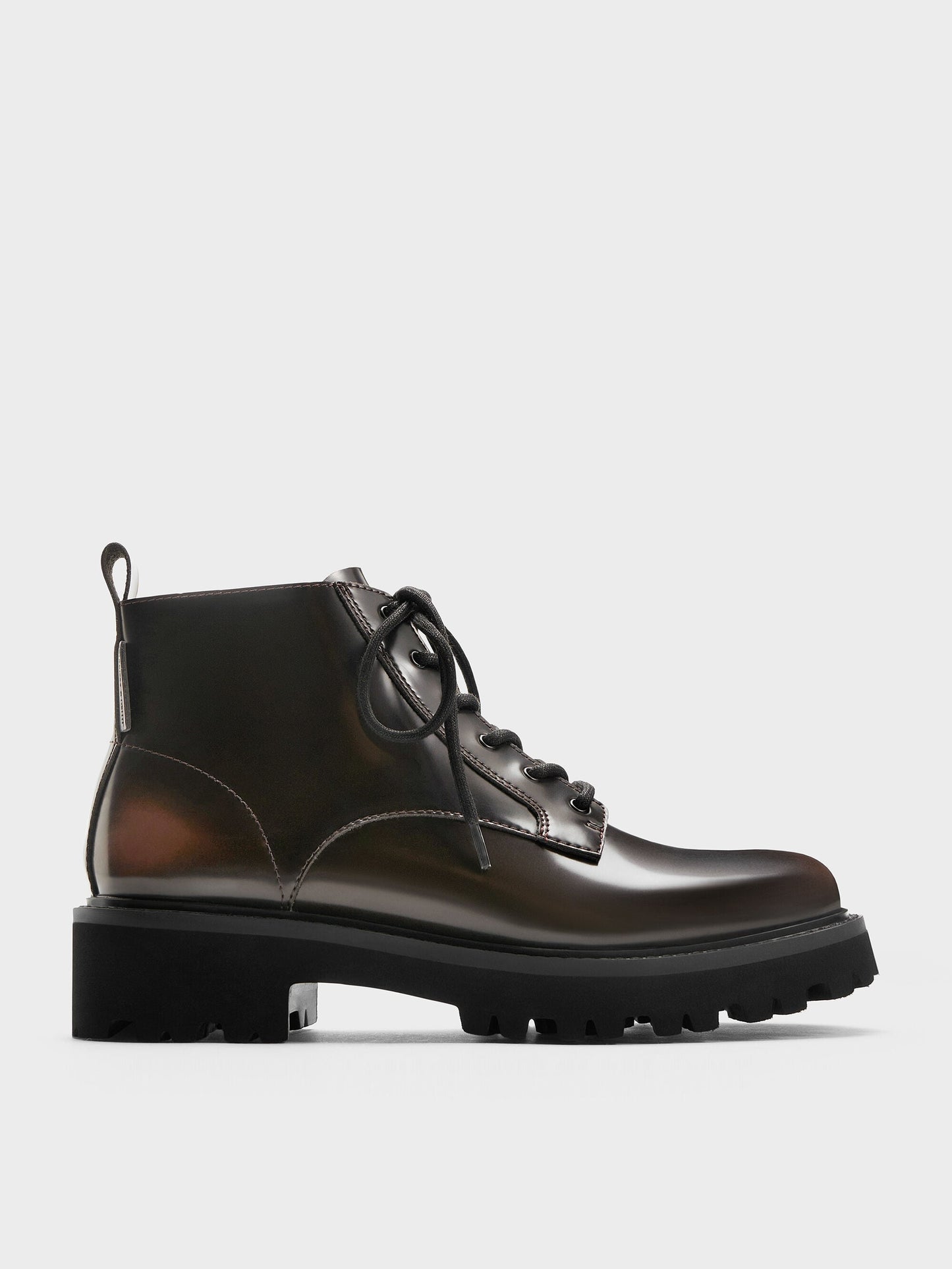 Ridged-Sole Side-Zip Combat Boots - Dark Brown | CHARLES & KEITH