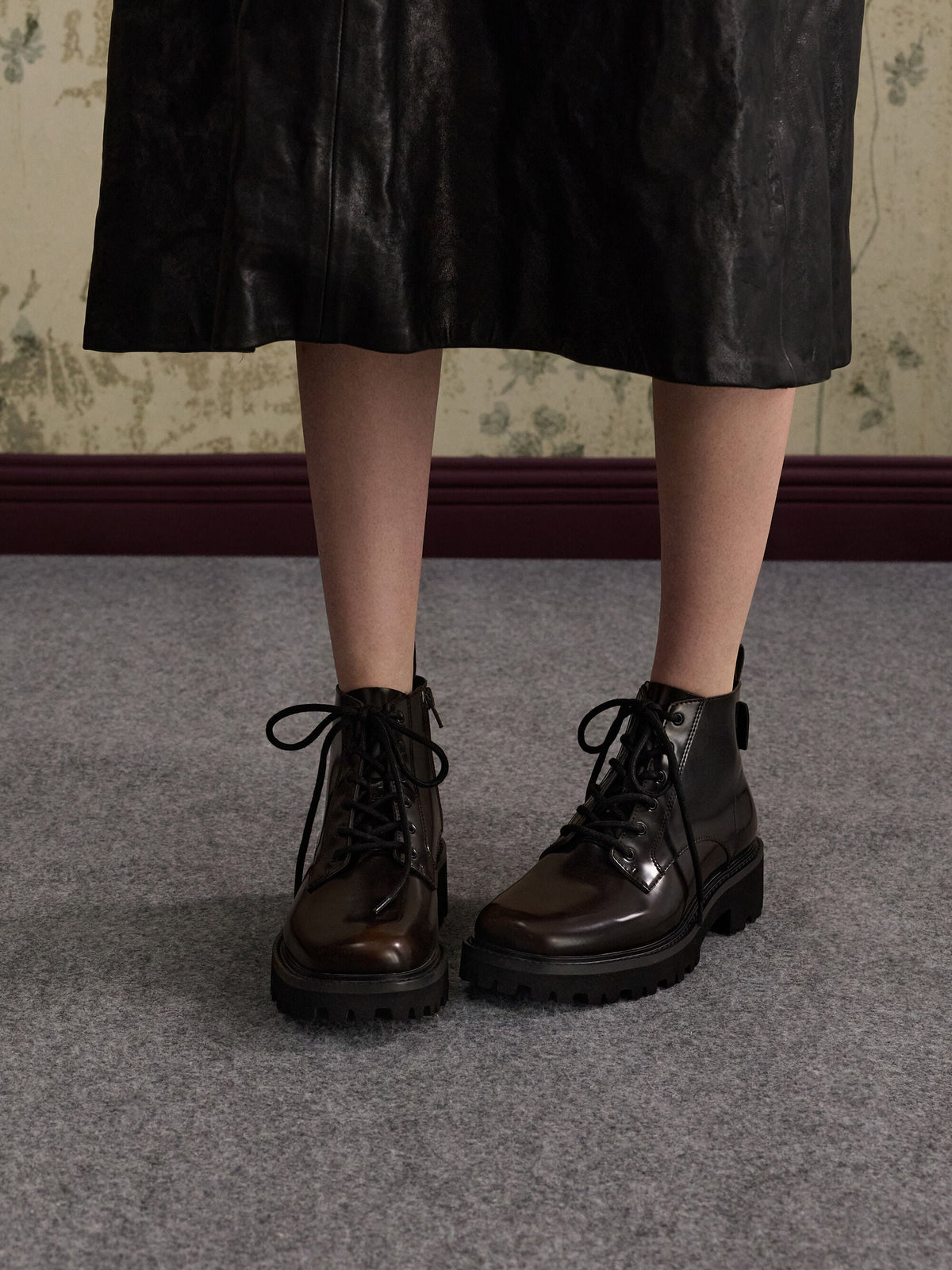 Ridged-Sole Side-Zip Combat Boots - Dark Brown | CHARLES & KEITH
