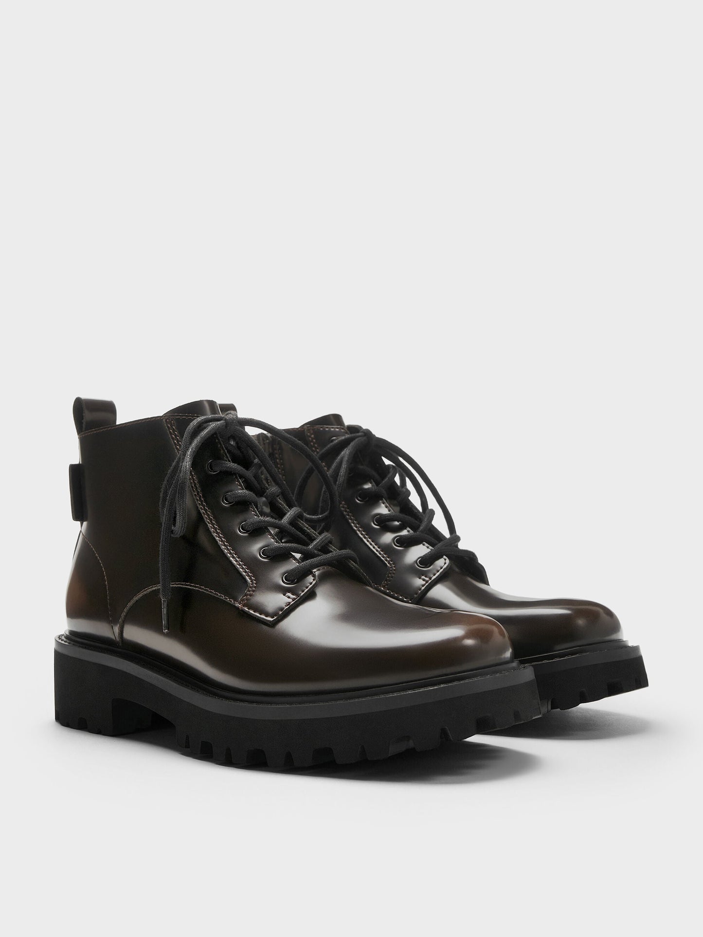 Ridged-Sole Side-Zip Combat Boots - Dark Brown | CHARLES & KEITH