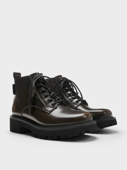 Ridged-Sole Side-Zip Combat Boots - Dark Brown | CHARLES & KEITH
