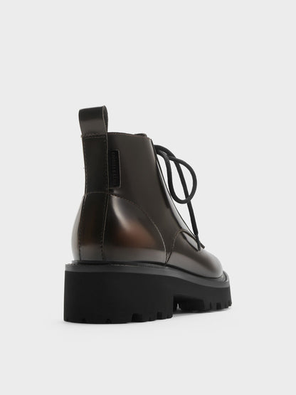 Ridged-Sole Side-Zip Combat Boots - Dark Brown | CHARLES & KEITH