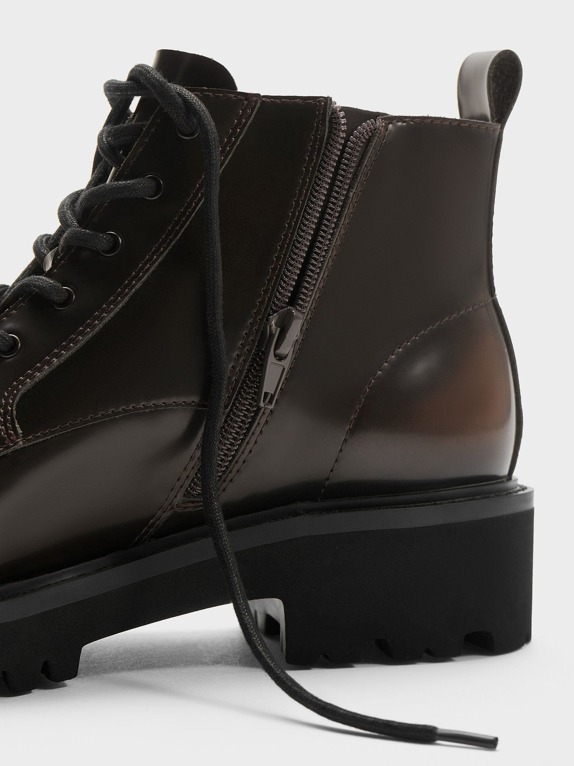 Ridged-Sole Side-Zip Combat Boots - Dark Brown | CHARLES & KEITH