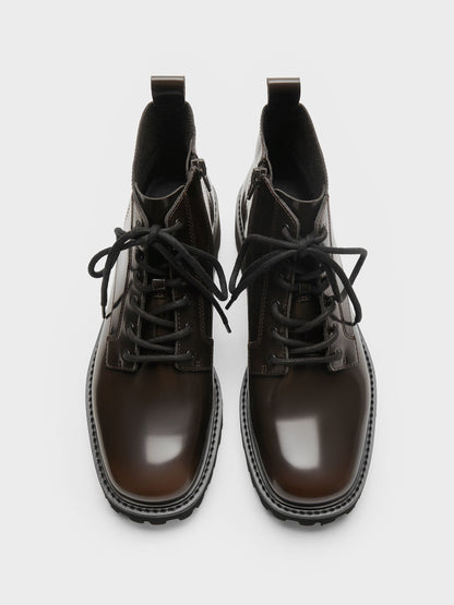 Ridged-Sole Side-Zip Combat Boots - Dark Brown | CHARLES & KEITH