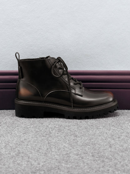 Ridged-Sole Side-Zip Combat Boots - Dark Brown | CHARLES & KEITH