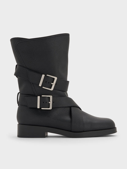 Brett Buckle-Strap Calf Boots - Black | CHARLES & KEITH