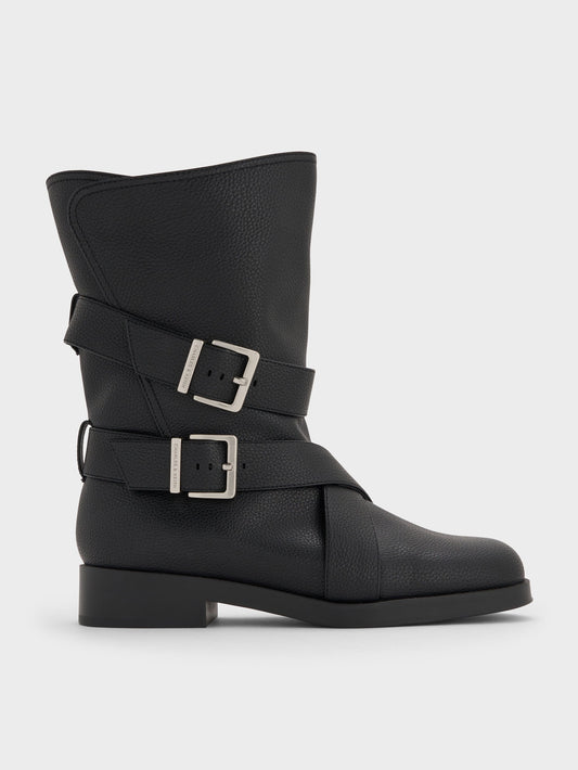 Brett Buckle-Strap Calf Boots - Black | CHARLES & KEITH