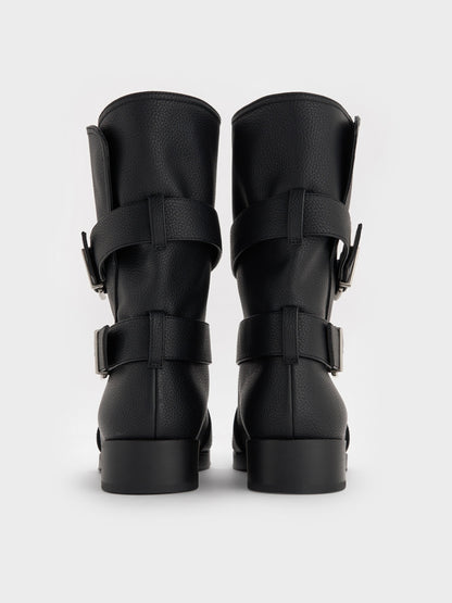 Brett Buckle-Strap Calf Boots - Black | CHARLES & KEITH