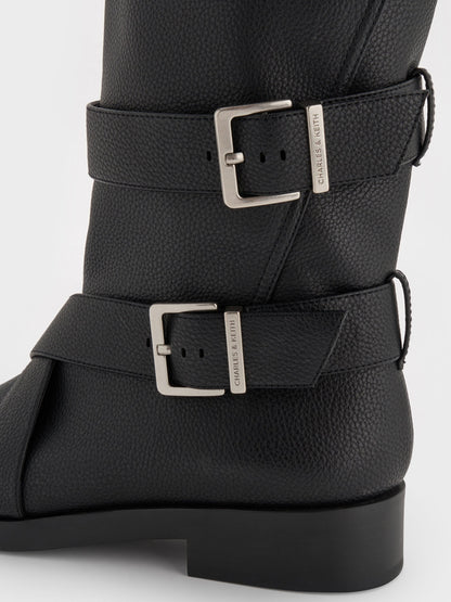 Brett Buckle-Strap Calf Boots - Black | CHARLES & KEITH