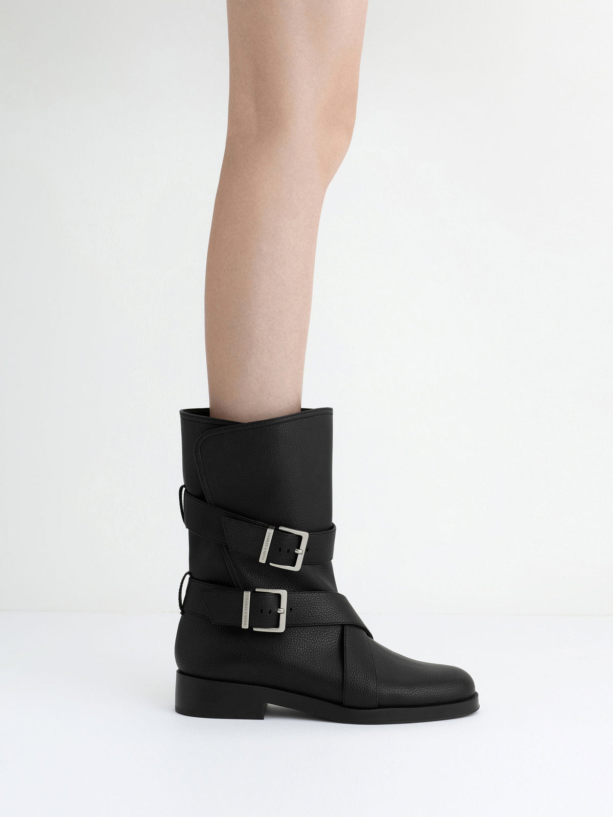 Brett Buckle-Strap Calf Boots - Black | CHARLES & KEITH