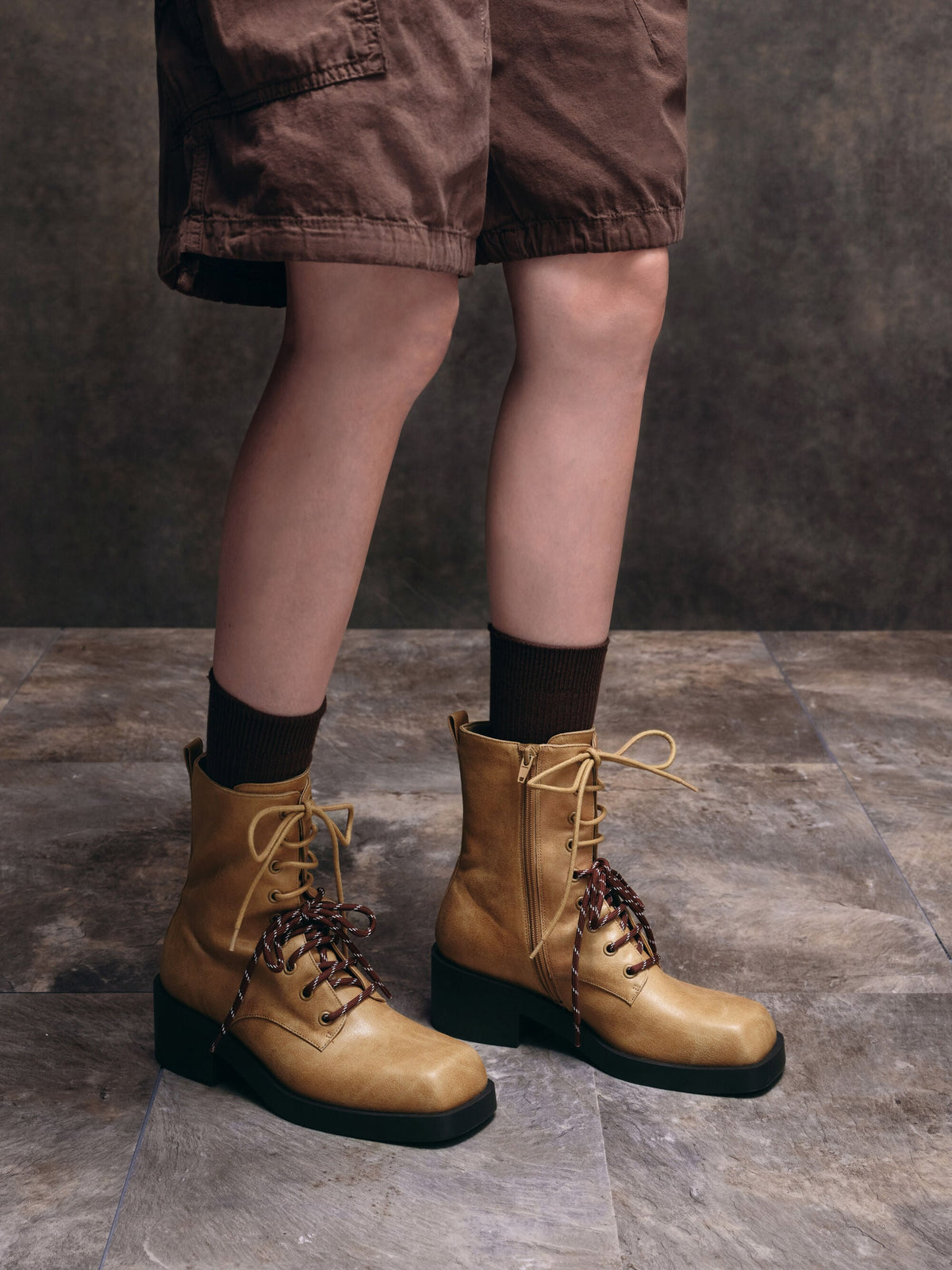 Logan Double-Lace Calf Boots - Sand | CHARLES & KEITH