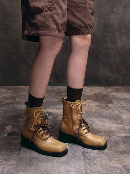 Logan Double-Lace Calf Boots - Sand | CHARLES & KEITH