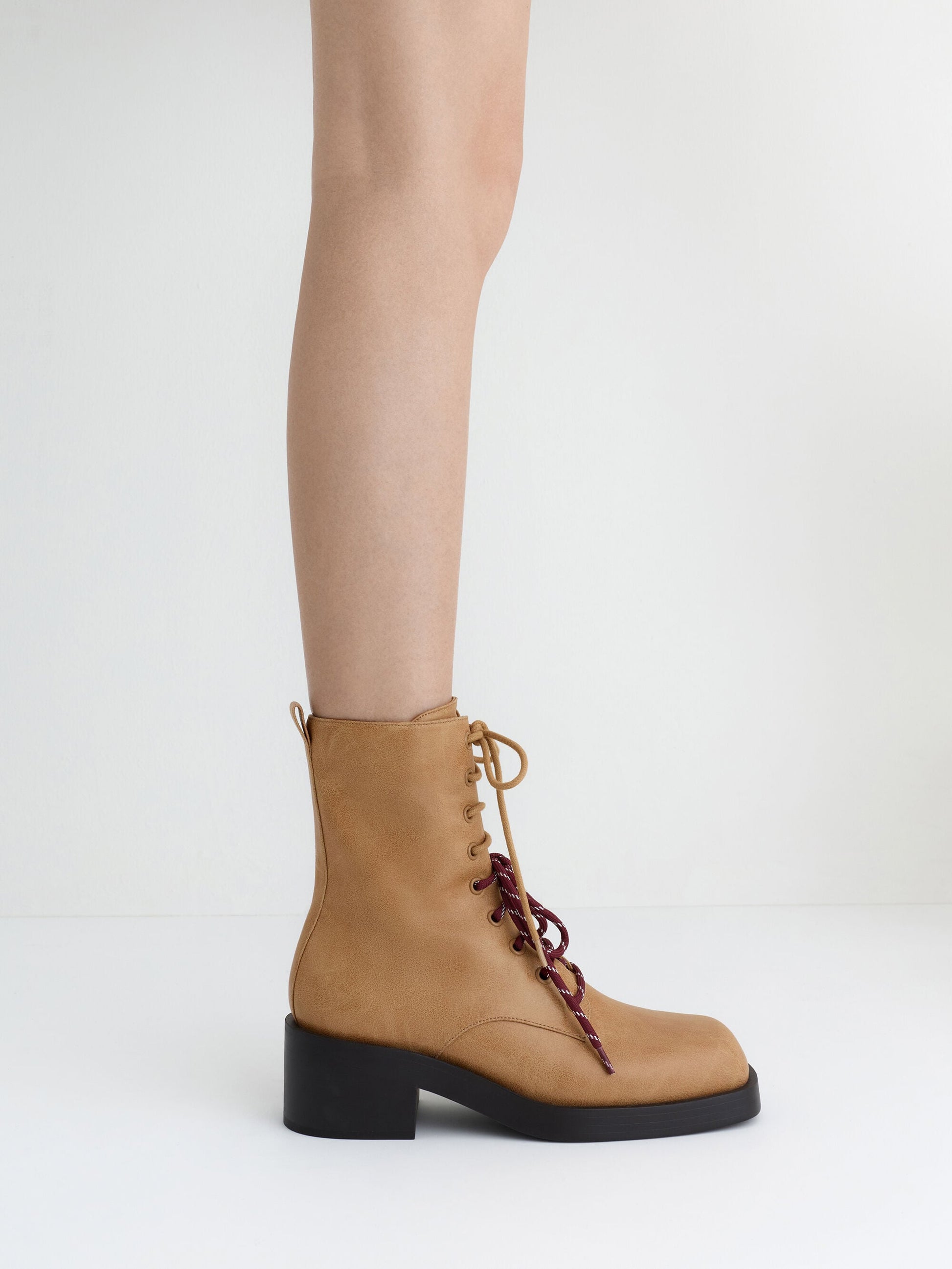 Logan Double-Lace Calf Boots - Sand | CHARLES & KEITH