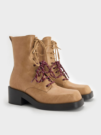 Logan Double-Lace Calf Boots - Sand | CHARLES & KEITH