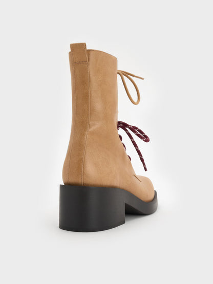 Logan Double-Lace Calf Boots - Sand | CHARLES & KEITH
