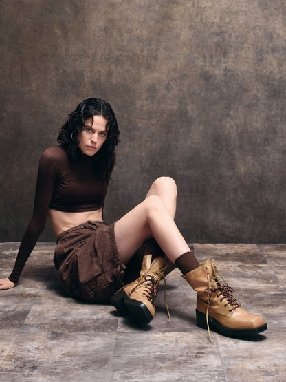 Logan Double-Lace Calf Boots - Sand | CHARLES & KEITH