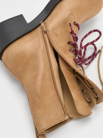 Logan Double-Lace Calf Boots - Sand | CHARLES & KEITH