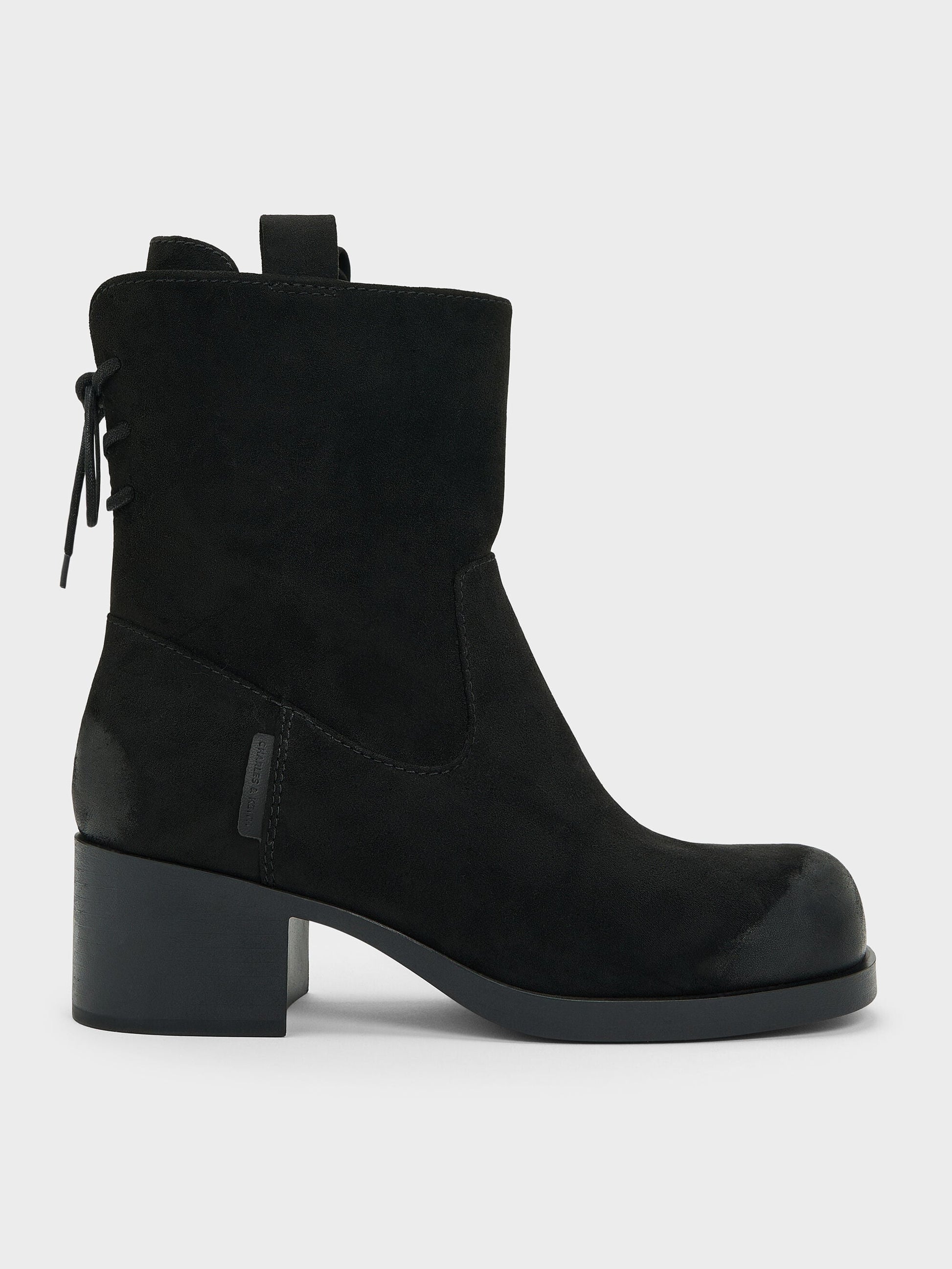 Rosamond Faux Suede Back-Lace Calf Boots - Black Textured | CHARLES & KEITH
