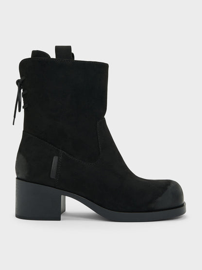 Rosamond Faux Suede Back-Lace Calf Boots - Black Textured | CHARLES & KEITH