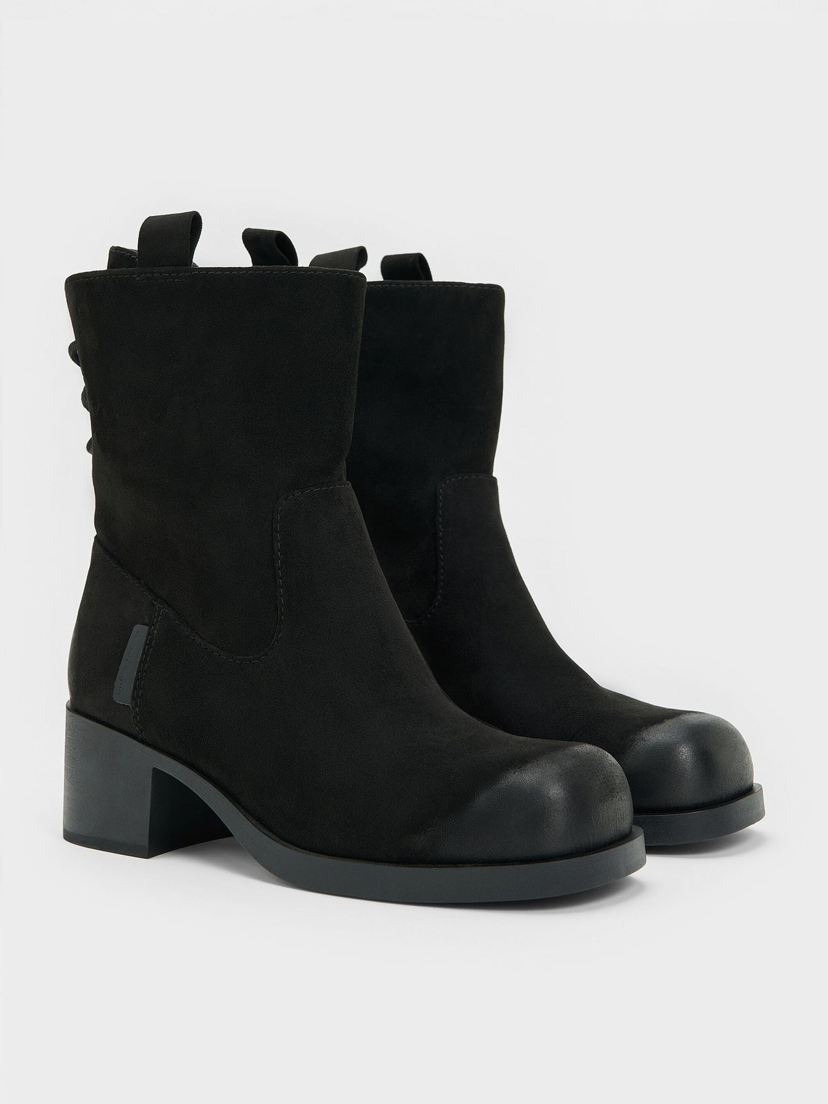 Rosamond Faux Suede Back-Lace Calf Boots - Black Textured | CHARLES & KEITH