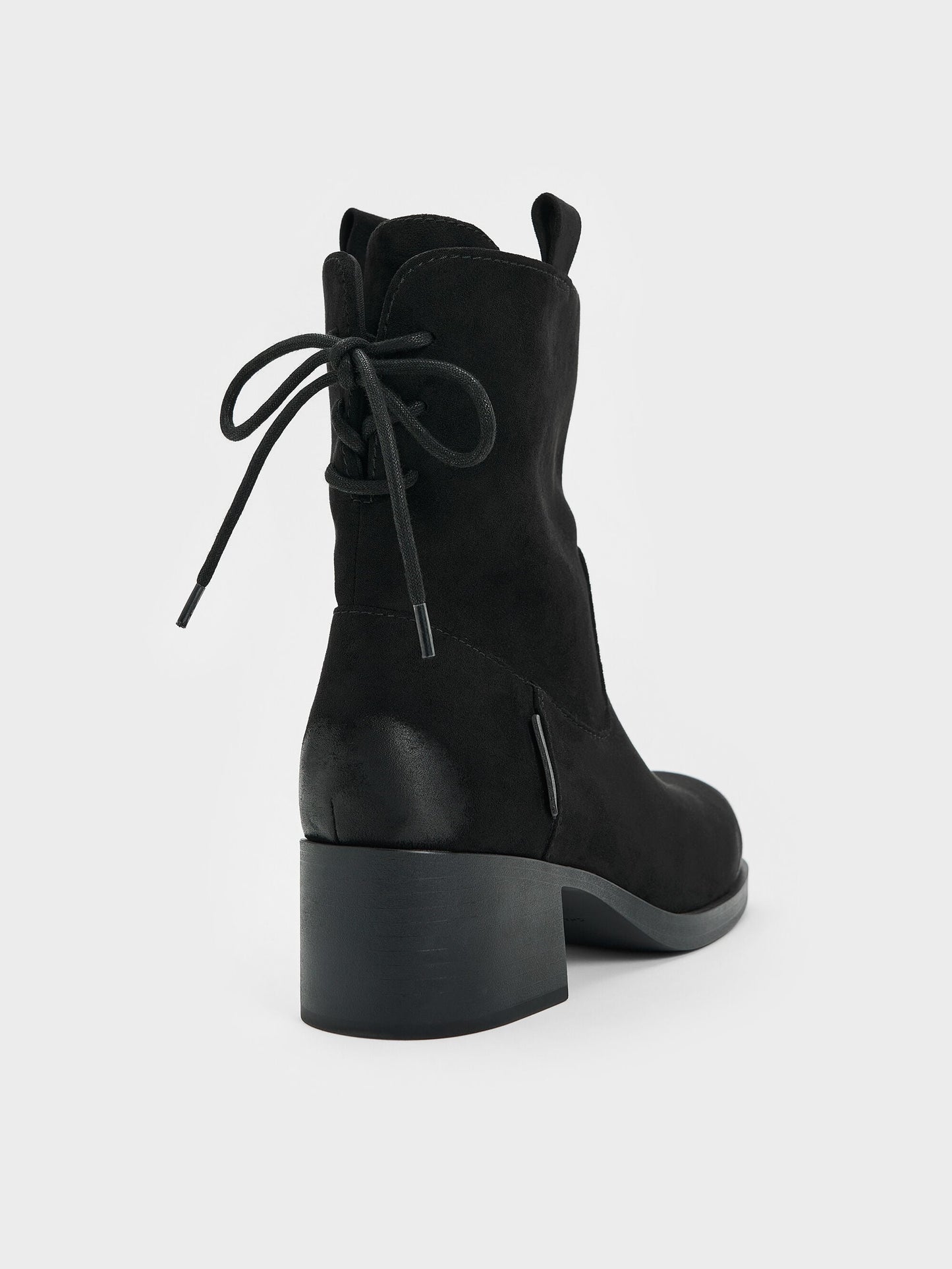 Rosamond Faux Suede Back-Lace Calf Boots - Black Textured | CHARLES & KEITH