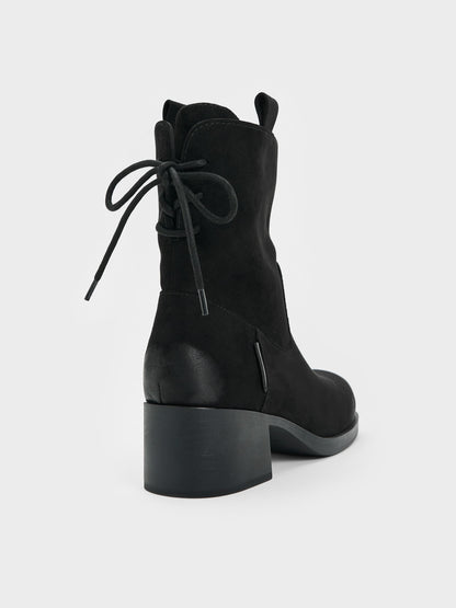 Rosamond Faux Suede Back-Lace Calf Boots - Black Textured | CHARLES & KEITH
