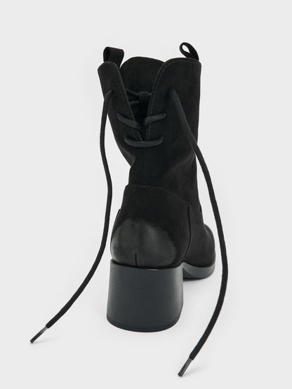 Rosamond Faux Suede Back-Lace Calf Boots - Black Textured | CHARLES & KEITH