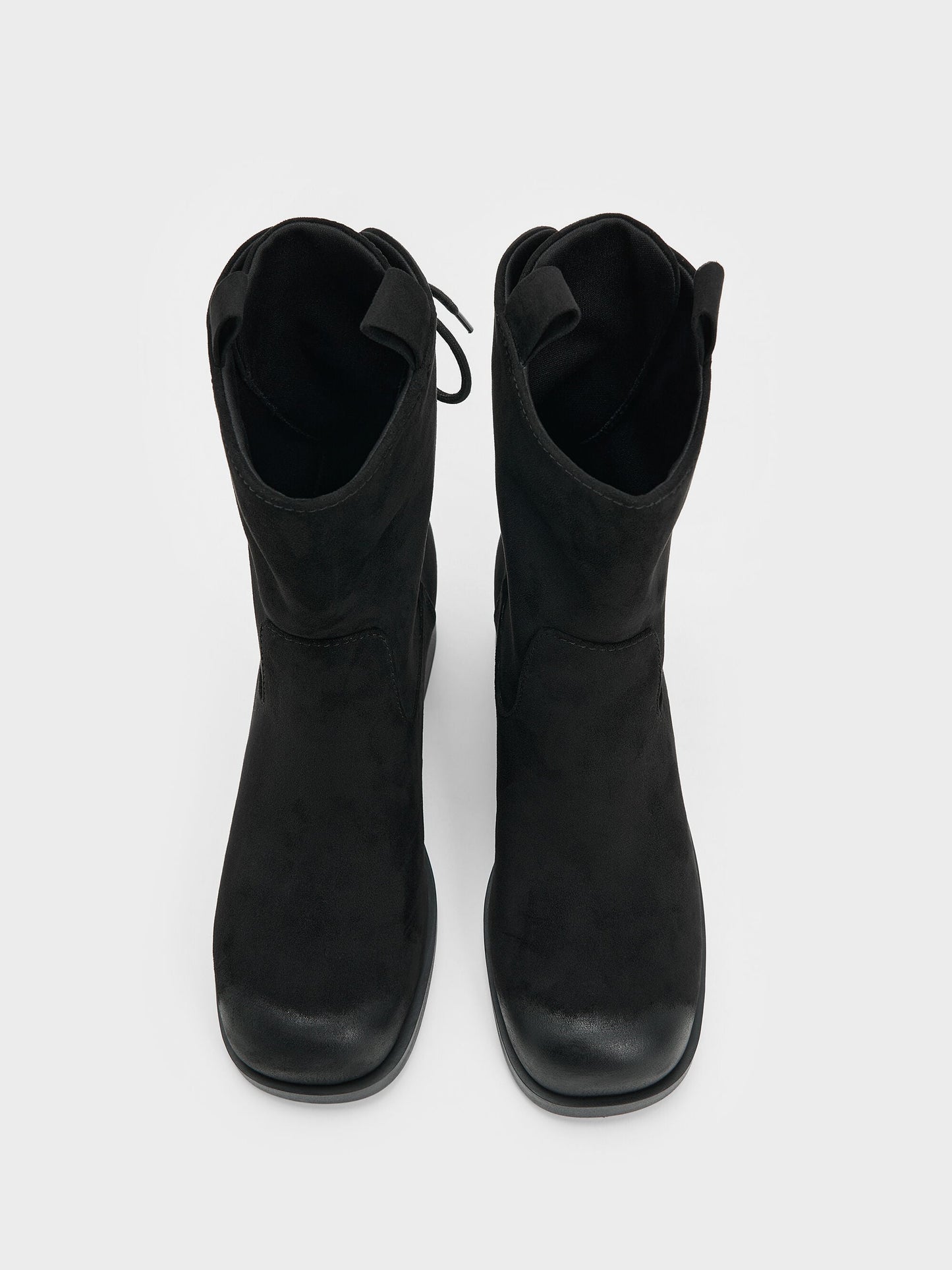 Rosamond Faux Suede Back-Lace Calf Boots - Black Textured | CHARLES & KEITH