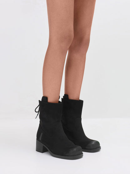 Rosamond Faux Suede Back-Lace Calf Boots - Black Textured | CHARLES & KEITH